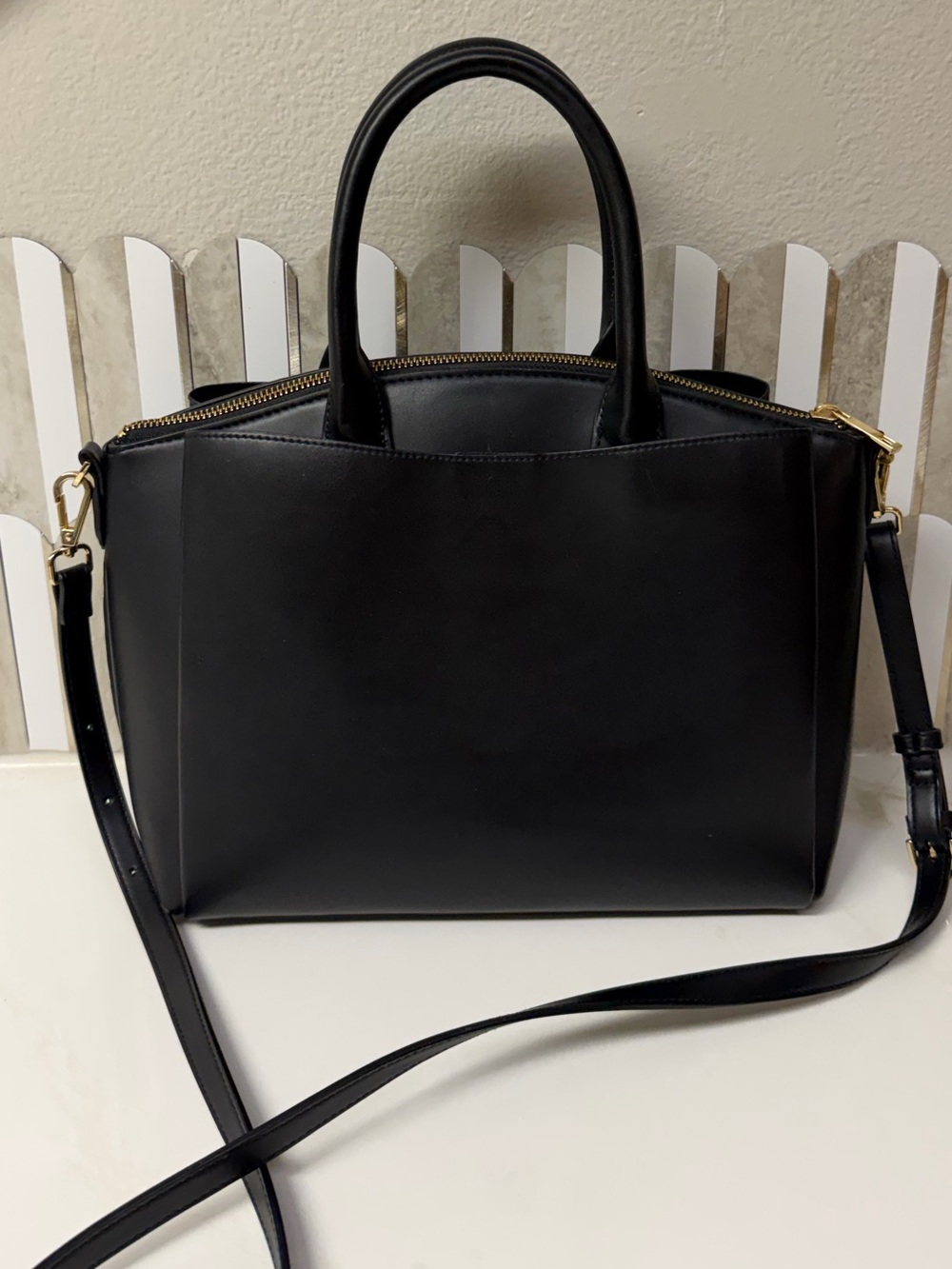 Black vegan leather zippered Crossbody purse